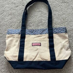 Vineyard Vines Navy Blue and Cream Canvas Tote with Sailboat Trim